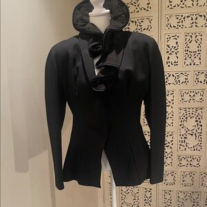 Vintage Italian blazer, exaggerated shoulder withmesh, ruffle underlay Neck line